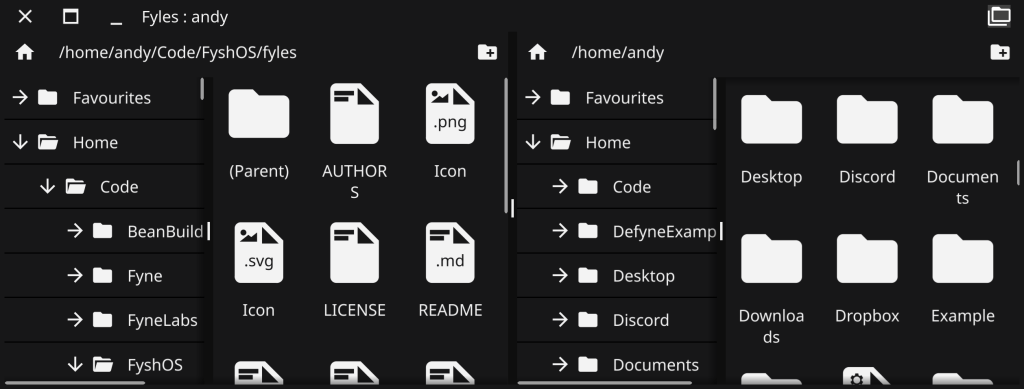 Two panels in a file manager showing views on two different folders.