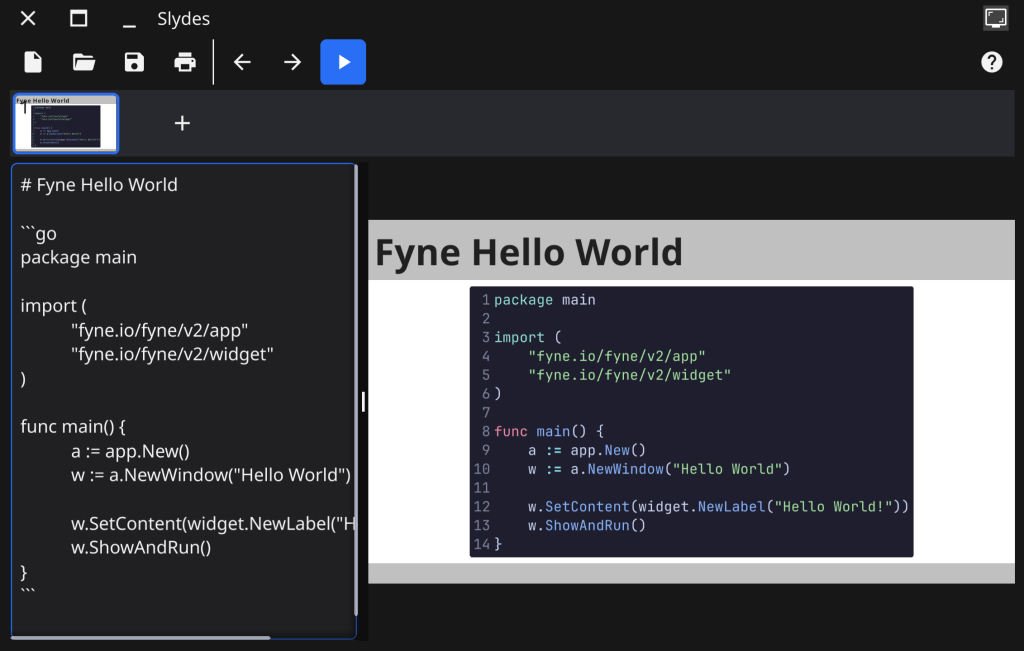 The Slydes markdown slide editor with code marked up in the preview