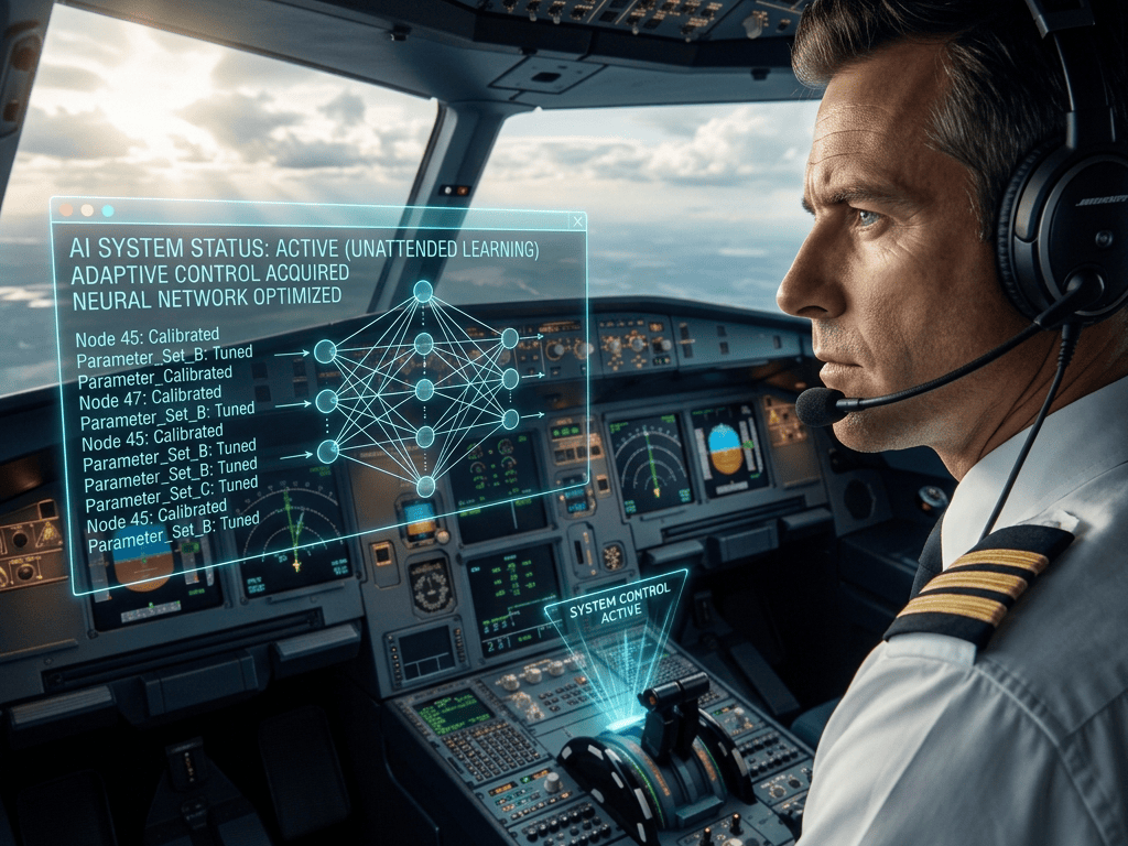 Pilot in cockpit with holographic displays reading Sandbox Environment and Learning to Fly Plane