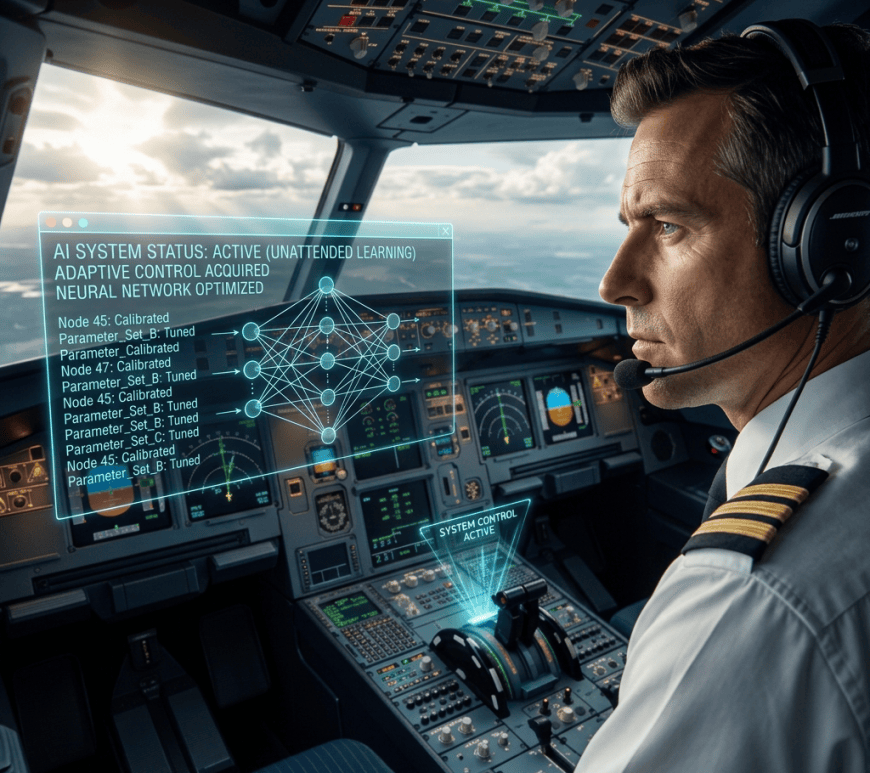 Pilot in cockpit with holographic displays reading Sandbox Environment and Learning to Fly Plane